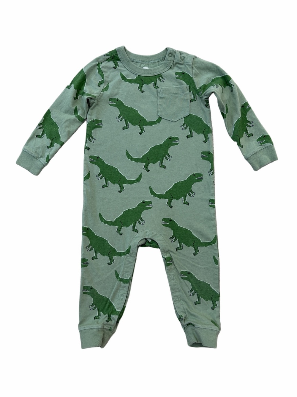 Tea Collection Size 18-24 Months Long Sleeve Pocket Romper Green Stomping Dinos
